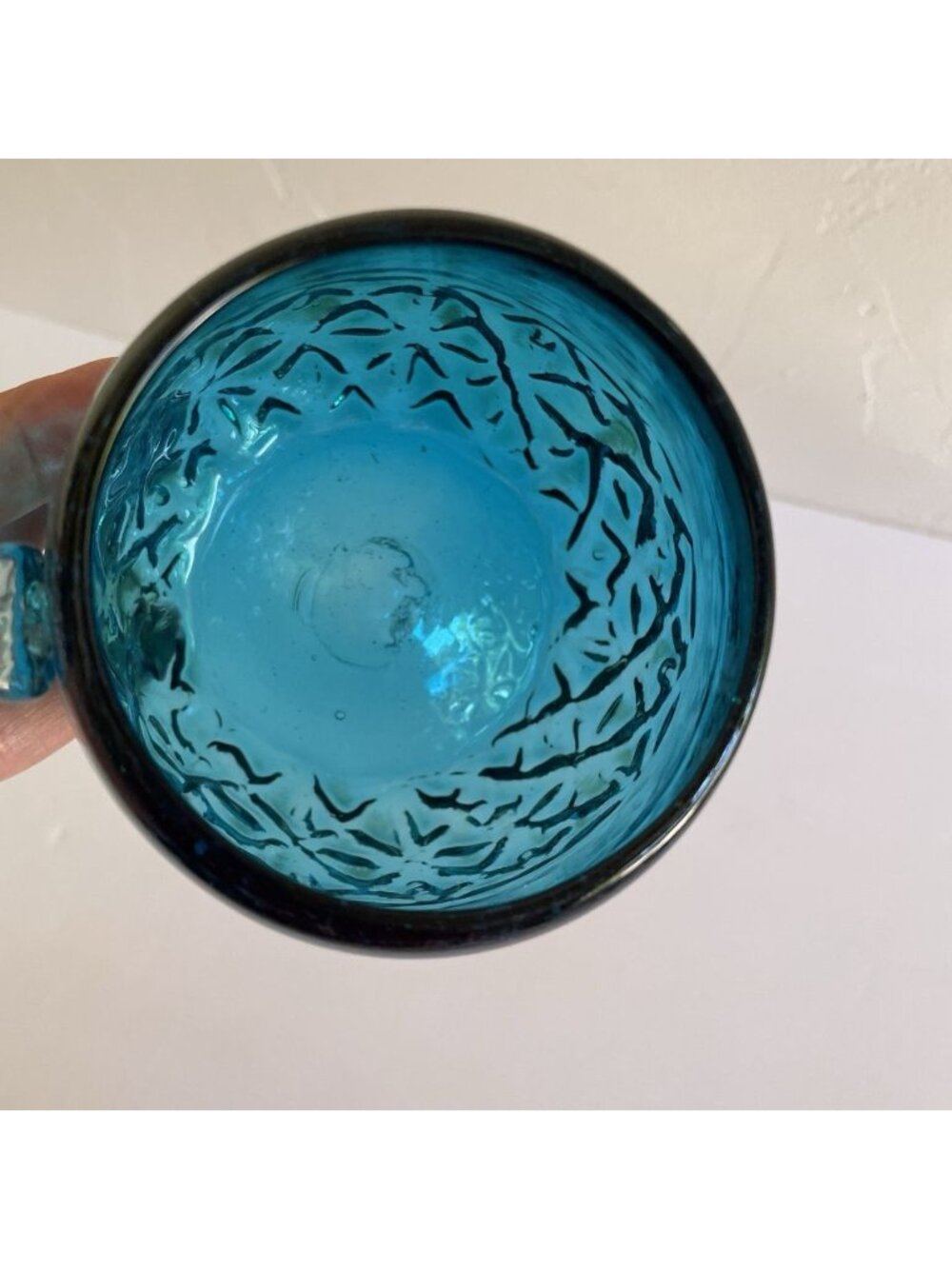 Blue Glass Hand Blown Coffee Mug Cup With Clear Glass Applied Handle 8oz - Picture 6 of 10
